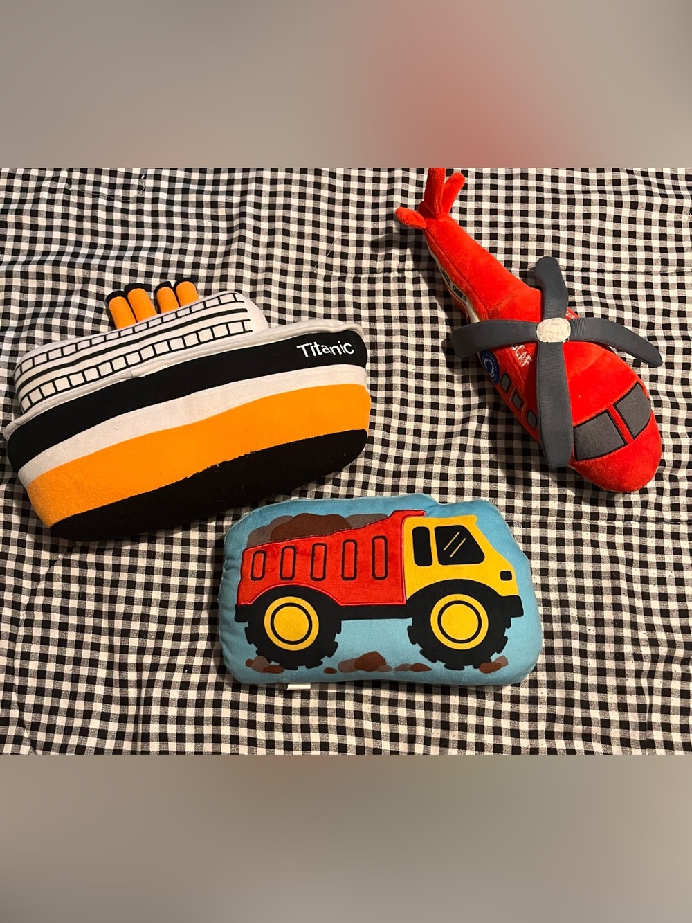 Titan Red Helicopter, Orange-Accented Plush Ship & Blue Dump Truck plush/pillows
